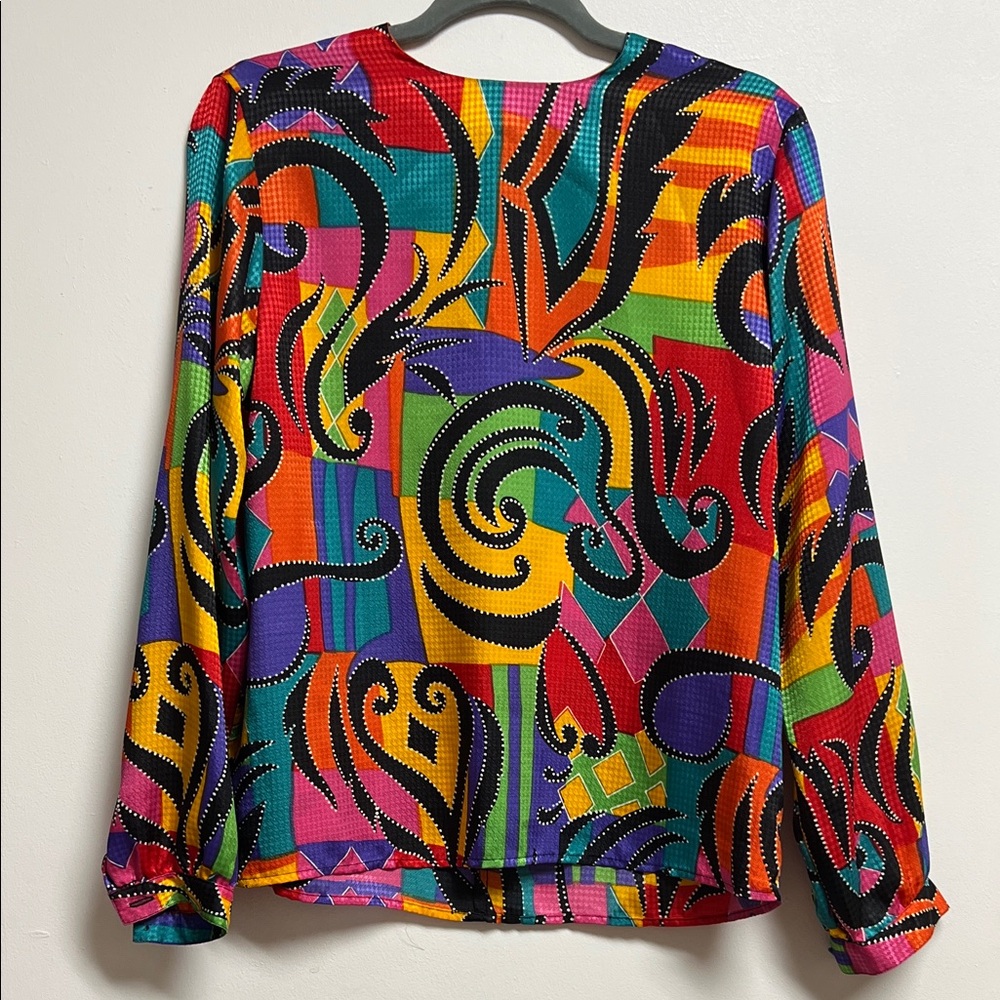 Pierre Cardin 80s Vintage Colorful Rainbow Maximalist Abstract Blouse Size 10